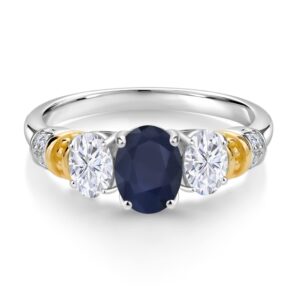 925 Sterling Silver and 10K Yellow Gold Oval Blue Sapphire White Moissanite and White Diamond 3 Stone Ring For Women (2.83 Cttw, Gemstone September Birthstone, Available In Size 5, 6, 7, 8, 9)