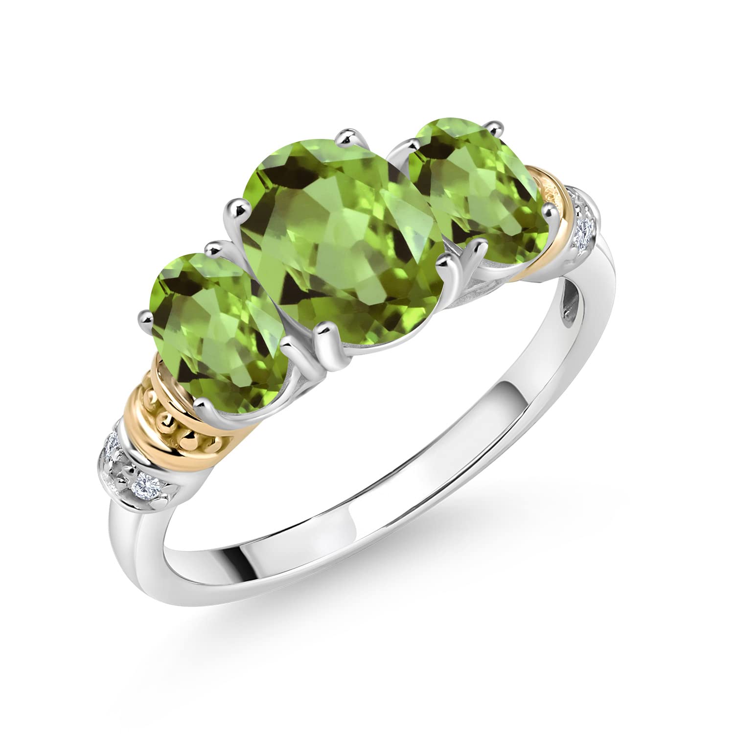 Gem Stone King 925 Sterling Silver and 10K Yellow Gold Oval Green Peridot and White Diamond 3 Stone Ring For Women (2.45 Cttw, Gemstone August Birthstone, Available In Size 5, 6, 7, 8, 9)