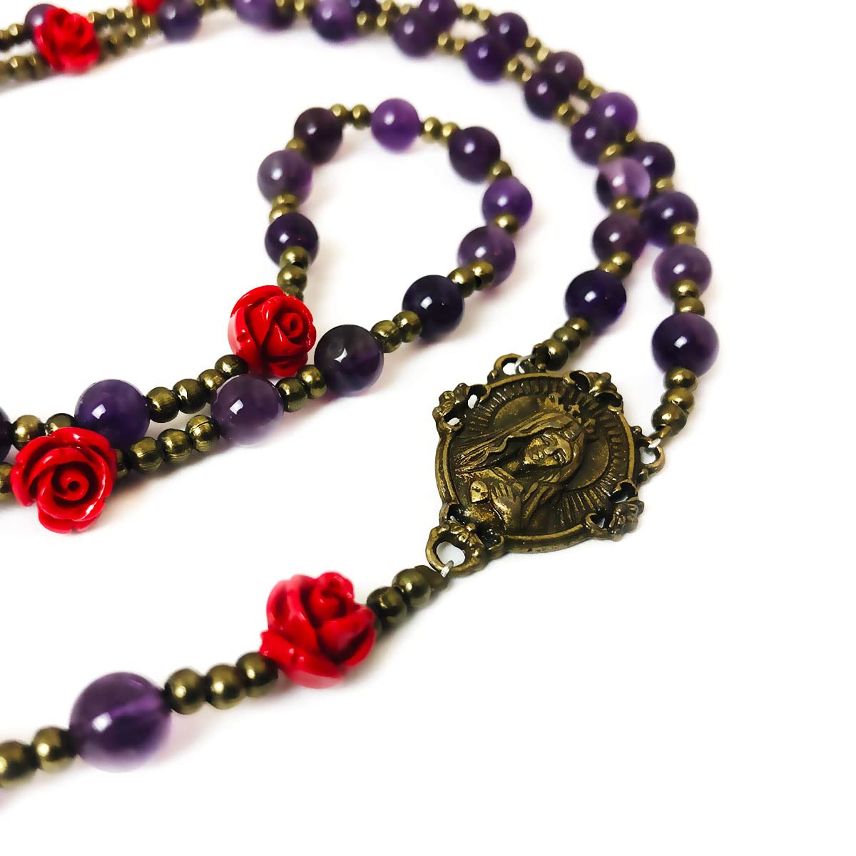 Immaculate Heart of Mary Purple Amethyst Stone and Red Rose Rosary and Bracelet Set - Catholic Rosary - Rosarios Catolicos - Catholic Gifts Women - Regalos Catolicos Para Mujer, Stone, Amethyst