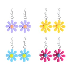 Just Follow 4 Pairs Fresh Candy Color Daisy Resin Flower Earrings Sunflower Temperament Earrings For Women Set (4 Pairs- Pink+Yellow+Green+Red)