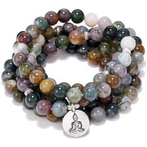 fuqimanman2020 108 natural indian agate mala beads strand bracelet stretch buddha healing gemstone reiki quartz crystal wrap yoga meditation prayer rosary jewelry for women men-lotus