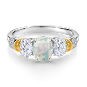 925 Sterling Silver and 10K Yellow Gold Oval White Opal White Moissanite and White Diamond 3 Stone Ring For Women (2.03 Cttw, Gemstone October Birthstone, Available In Size 5, 6, 7, 8, 9)