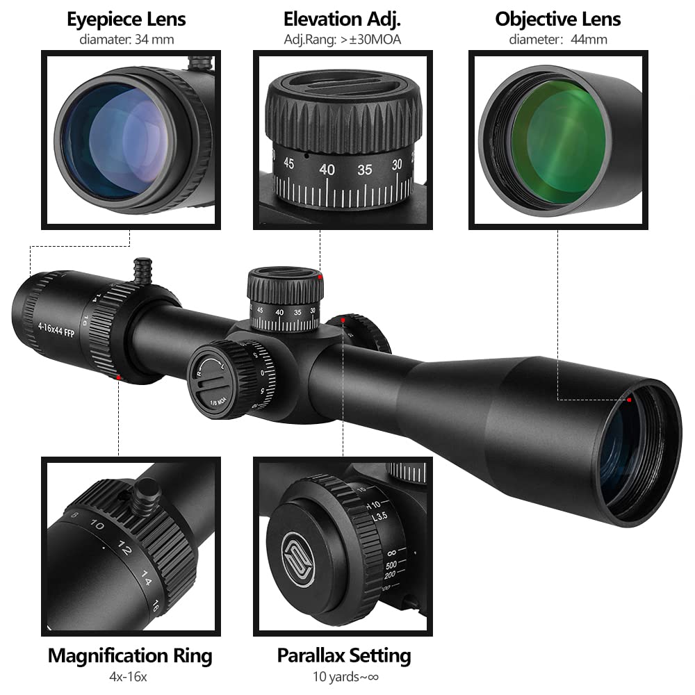 SPINA OPTICS 4-16X44 Rifle Scope First Focal Plane FFP Hunting 4-16 Riflescopes with 20mm Scope Rings,Throw Lever,Lens Cover