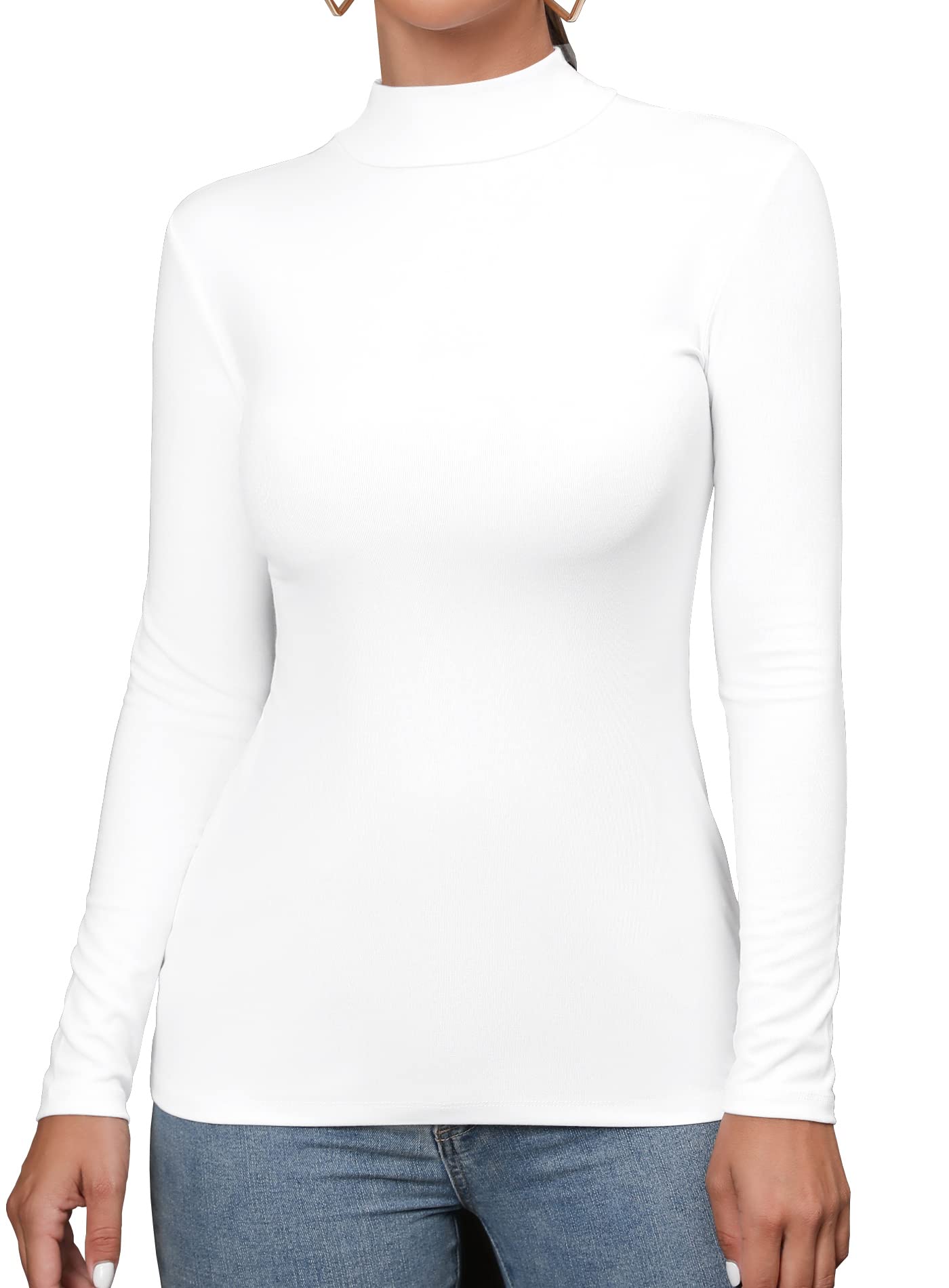 FOUGEDE Women's Mock Turtleneck Long Sleeve/Sleeveless/Half Sleeve/Short Sleeve/Crop Top Basic Fitted Stretch Slim Tops White