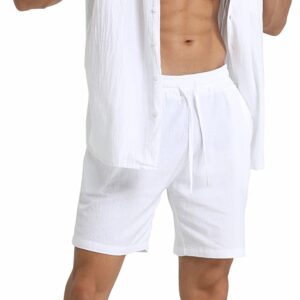 RPOVIG Linen Shirt Short Outfits:Men's Beach 2 Pieces Casual Button-Down Sets