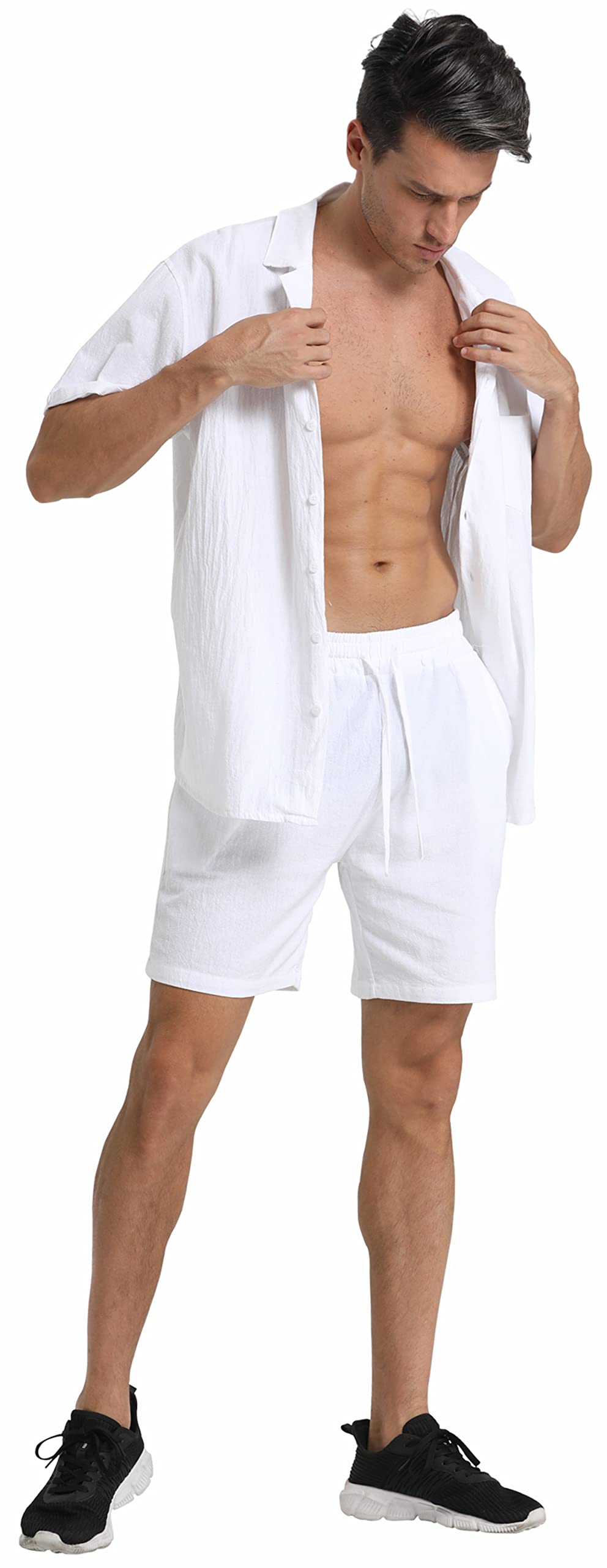 RPOVIG Linen Shirt Short Outfits:Men's Beach 2 Pieces Casual Button-Down Sets