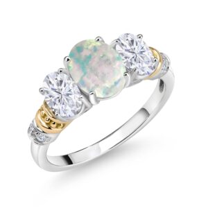 925 Sterling Silver and 10K Yellow Gold Oval White Opal White Moissanite and White Diamond 3 Stone Ring For Women (2.03 Cttw, Gemstone October Birthstone, Available In Size 5, 6, 7, 8, 9)