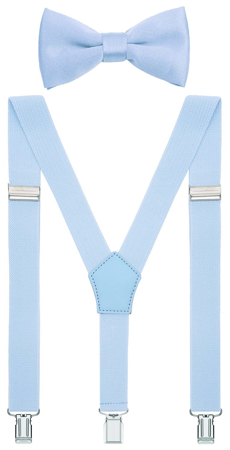 WDSKY Men's Bow Tie and Suspenders Set Y Shape Adjustable Elastic 47 Inches Light Blue