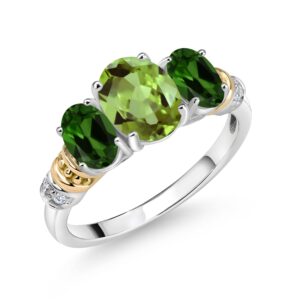 925 Sterling Silver and 10K Yellow Gold Oval Green Peridot Green Chrome Diopside and White Diamond 3 Stone Ring For Women (2.55 Cttw, Gemstone August Birthstone, Available In Size 5, 6, 7, 8, 9)