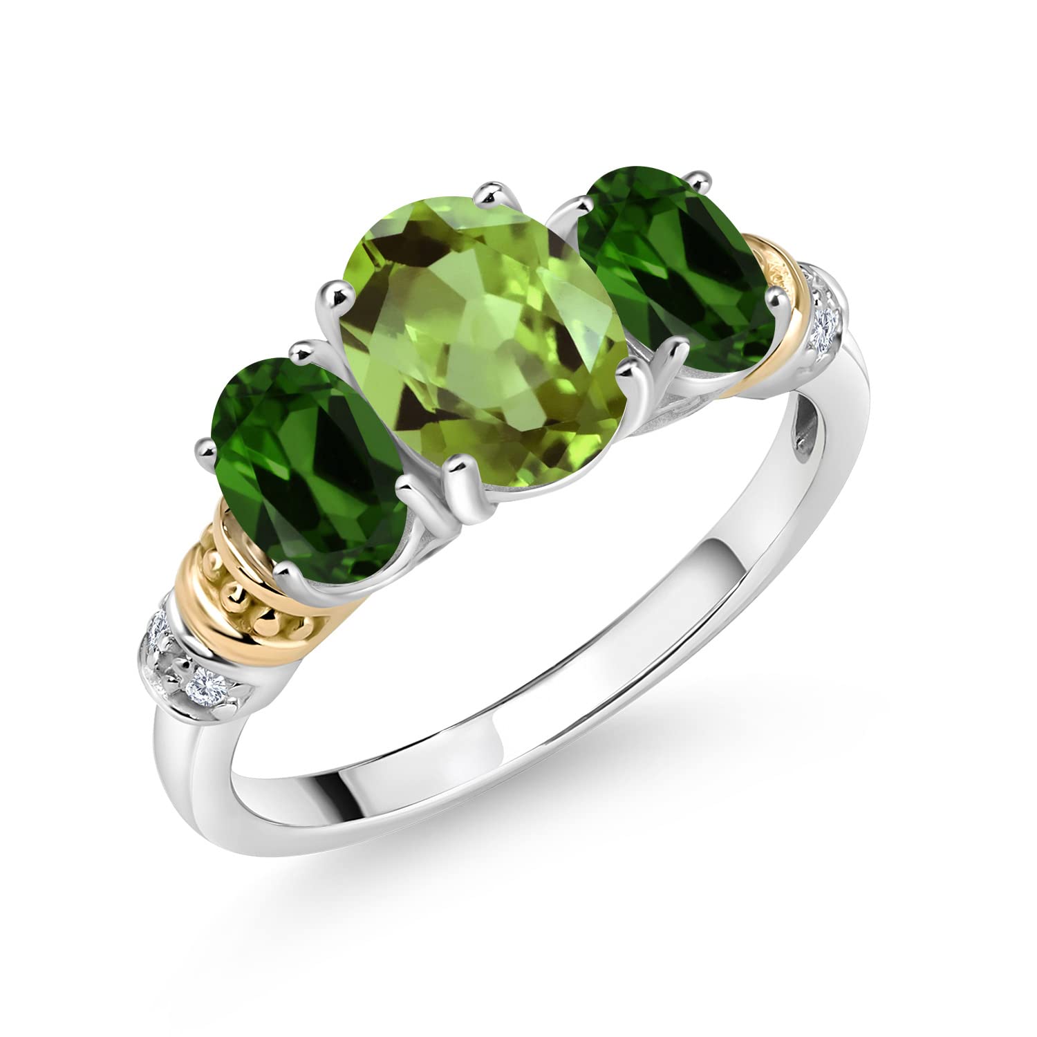 925 Sterling Silver and 10K Yellow Gold Oval Green Peridot Green Chrome Diopside and White Diamond 3 Stone Ring For Women (2.55 Cttw, Gemstone August Birthstone, Available In Size 5, 6, 7, 8, 9)