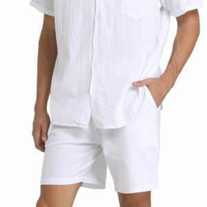 RPOVIG Linen Shirt Short Outfits:Men's Beach 2 Pieces Casual Button-Down Sets