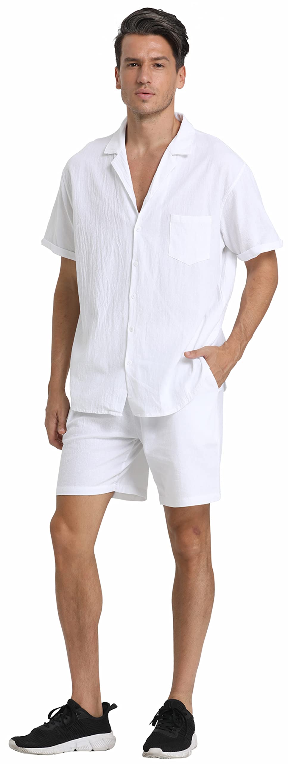 RPOVIG Linen Shirt Short Outfits:Men's Beach 2 Pieces Casual Button-Down Sets