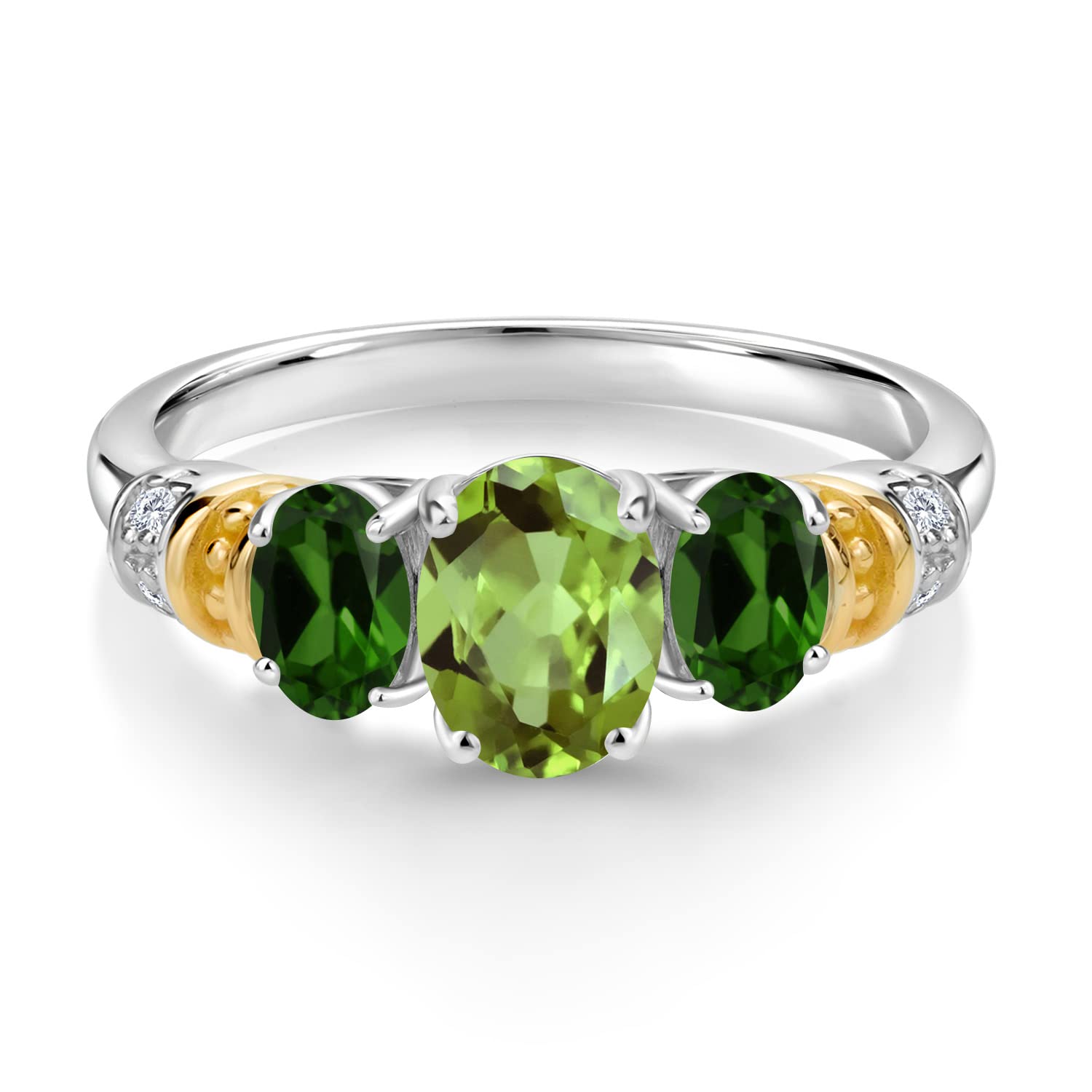 925 Sterling Silver and 10K Yellow Gold Oval Green Peridot Green Chrome Diopside and White Diamond 3 Stone Ring For Women (2.55 Cttw, Gemstone August Birthstone, Available In Size 5, 6, 7, 8, 9)