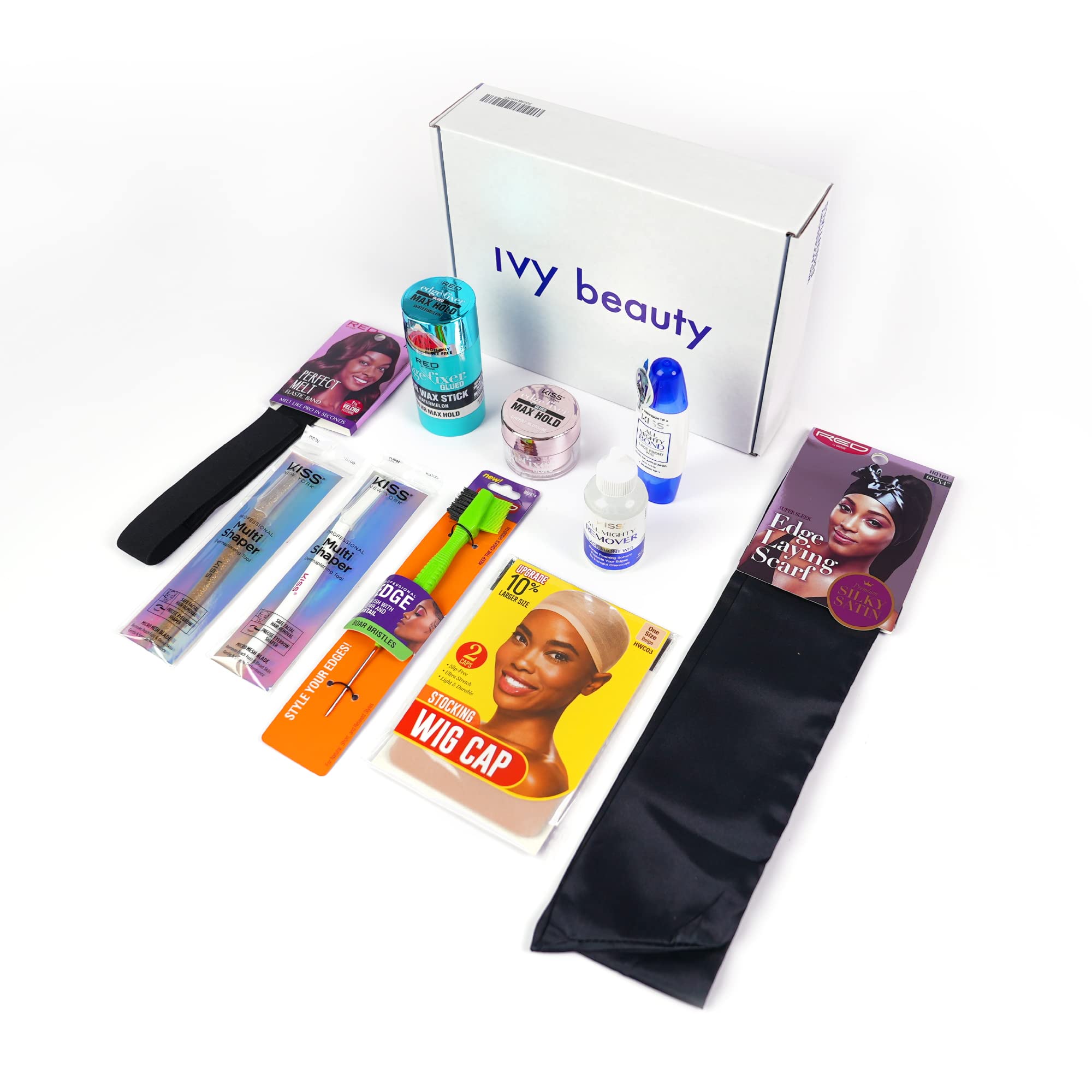 Wig Accessory Essentials Kit Lace Front Dual Tip Adhesive, Remover, Wig Caps, Elastic Band, Edge Fixer, Edge Brush, Hair Shear Tool and Edge Scarf