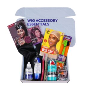 wig accessory essentials kit lace front dual tip adhesive, remover, wig caps, elastic band, edge fixer, edge brush, hair shear tool and edge scarf