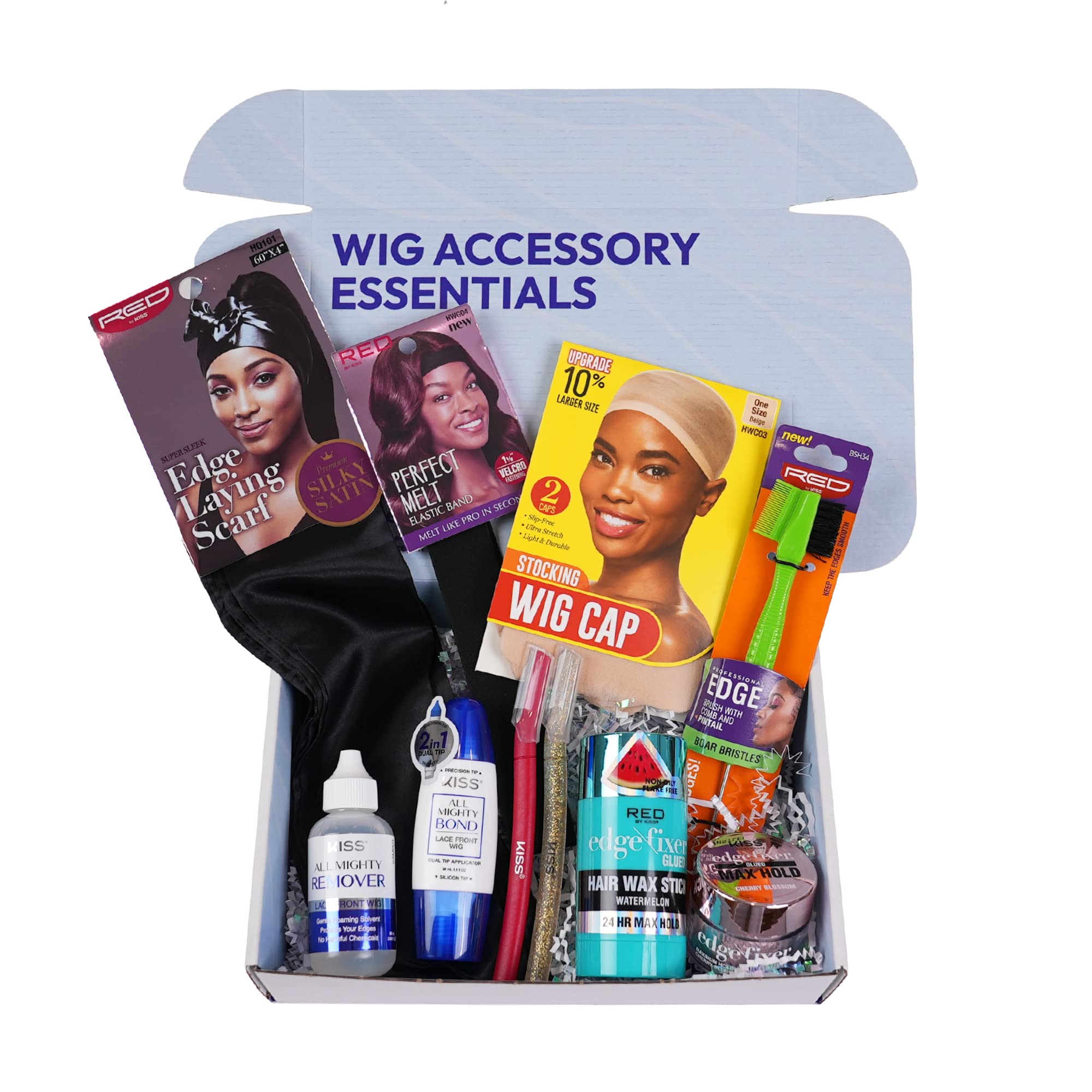 Wig Accessory Essentials Kit Lace Front Dual Tip Adhesive, Remover, Wig Caps, Elastic Band, Edge Fixer, Edge Brush, Hair Shear Tool and Edge Scarf