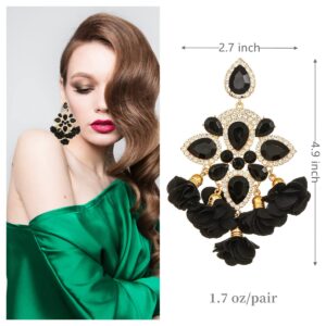 BOBOWINGS Black Earrings for Women, Big Crystal Rhinestones Flower Tassel Dangle Balck and Gold Statement Handmade Earrings Trendy