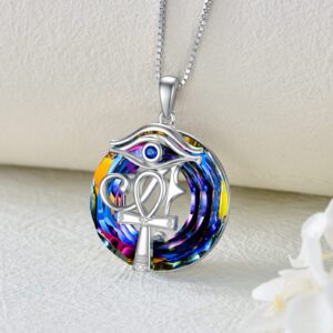 POTOPYY Eye of Horus Necklace Ankh Pendant S925 Sterling Silver Egypt Protection Multicolor Crystal Pendant Coptic Ankh Religious Necklace for Women