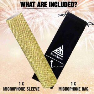 RhymKawa Champagne Gold Microphone Cover for Shure SM58 Beta58 Wireless Transmitter Bedazzled Wrap – Bling Rhinestone Sleeve for Party, Wedding, Ceremony Events (Mic Not Included)