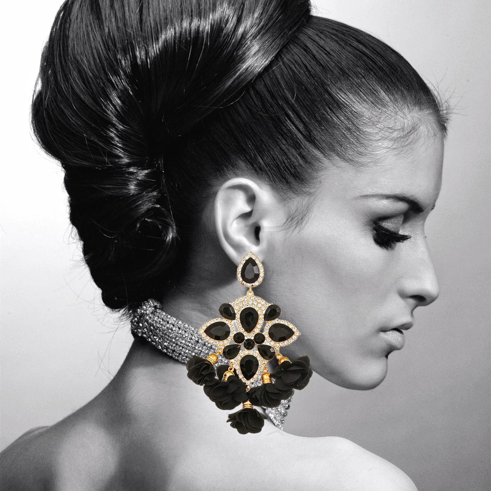 BOBOWINGS Black Earrings for Women, Big Crystal Rhinestones Flower Tassel Dangle Balck and Gold Statement Handmade Earrings Trendy