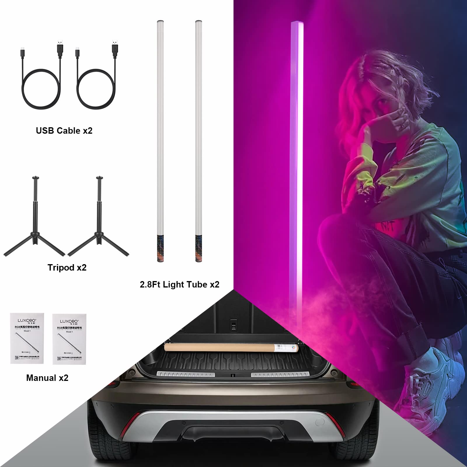 LUXCEO 2Pack RGB Tube Light Bar with Light Stand, Battery Powered LED Video Light Wand Stick for DJ Lighting, Dance Club and Photography Lighting (2.8Ft)