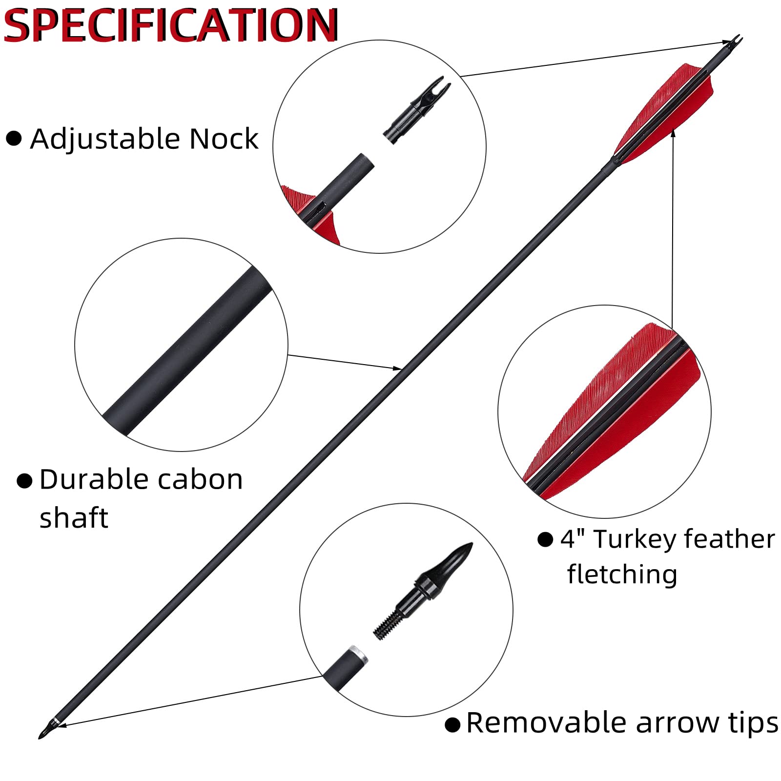 Hungtingdoor Archery 30" Carbon Arrows Hunting Arrows with 4" Turkey Feather Fletching Target Parctice Arrows with Removable Tips for Recurve Bow Compound Long bow(Pack of 12)