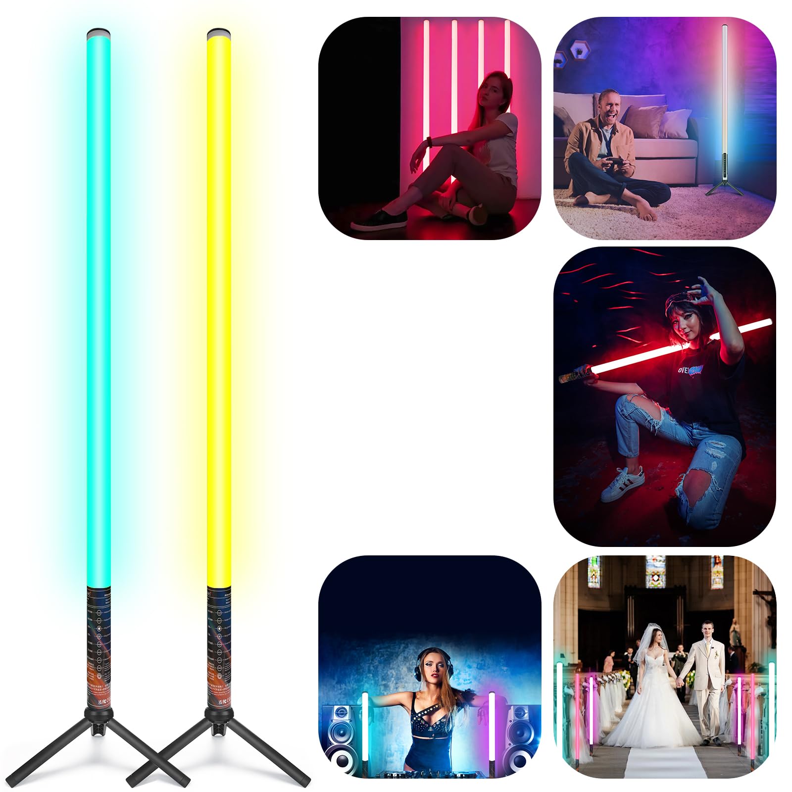 LUXCEO 2Pack RGB Tube Light Bar with Light Stand, Battery Powered LED Video Light Wand Stick for DJ Lighting, Dance Club and Photography Lighting (2.8Ft)