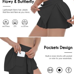 QooNoo 2 in 1 Athletic Shorts for Women Flowy Running Butterfly Shorts with Pockets High Elastic Gym Shorts Workout Tennis Skorts (Black,X-Small)