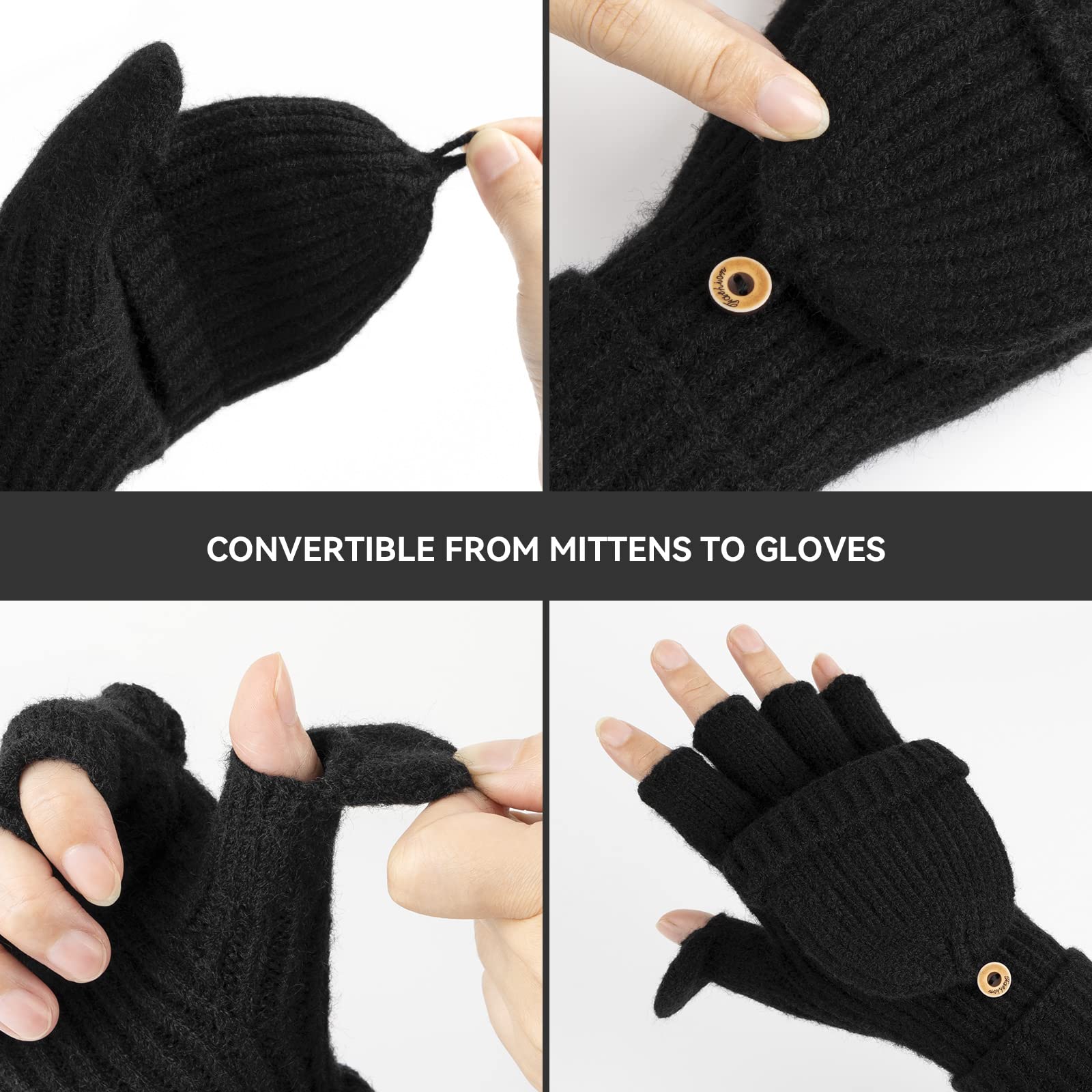 Cierto Winter Fingerless Gloves for Women & Men | Cold Weather Convertible Thermal Gloves for Cycling Running Driving Ski,Mens Womens Warm Knit Mittens