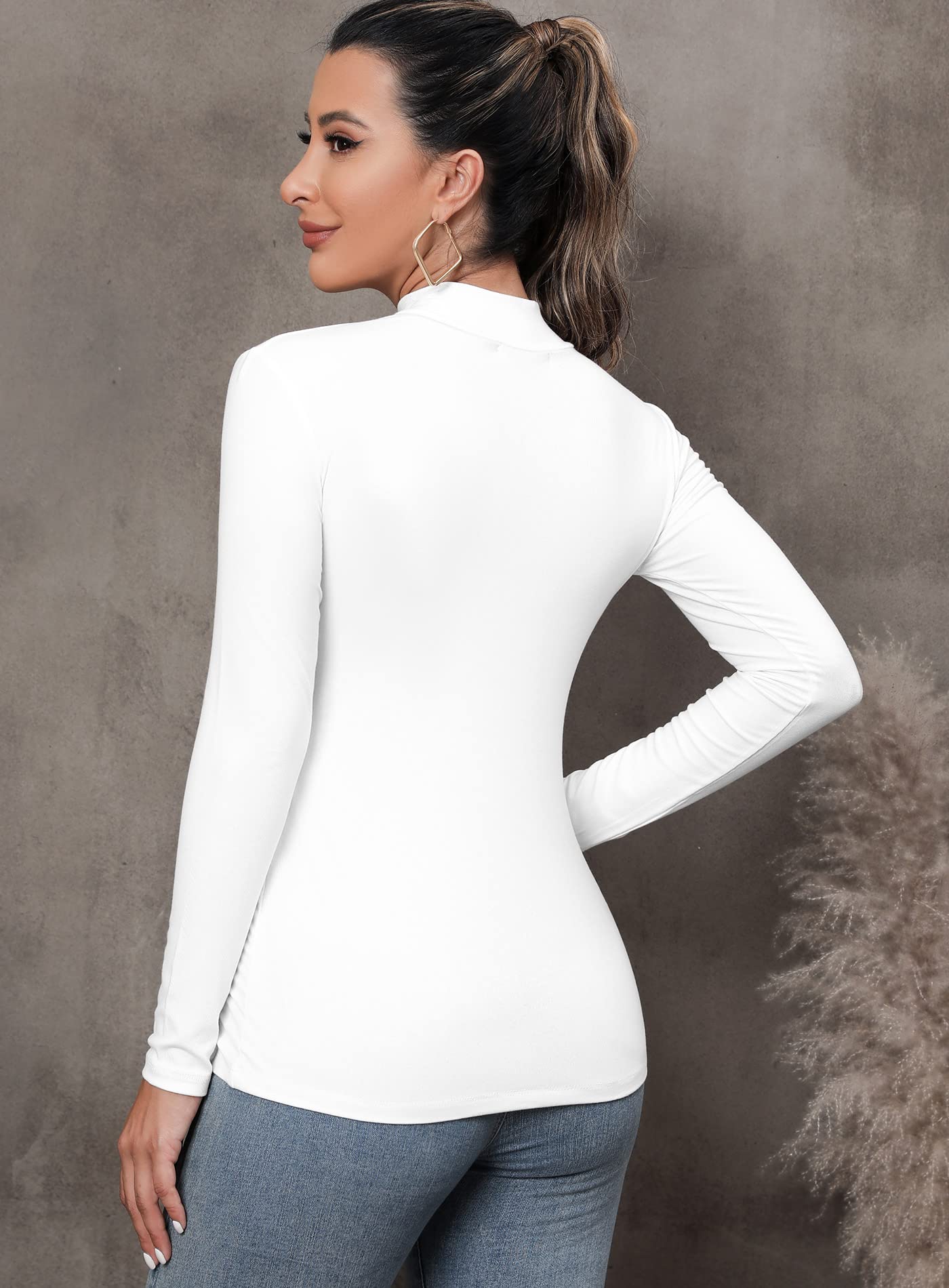 FOUGEDE Women's Mock Turtleneck Long Sleeve/Sleeveless/Half Sleeve/Short Sleeve/Crop Top Basic Fitted Stretch Slim Tops White