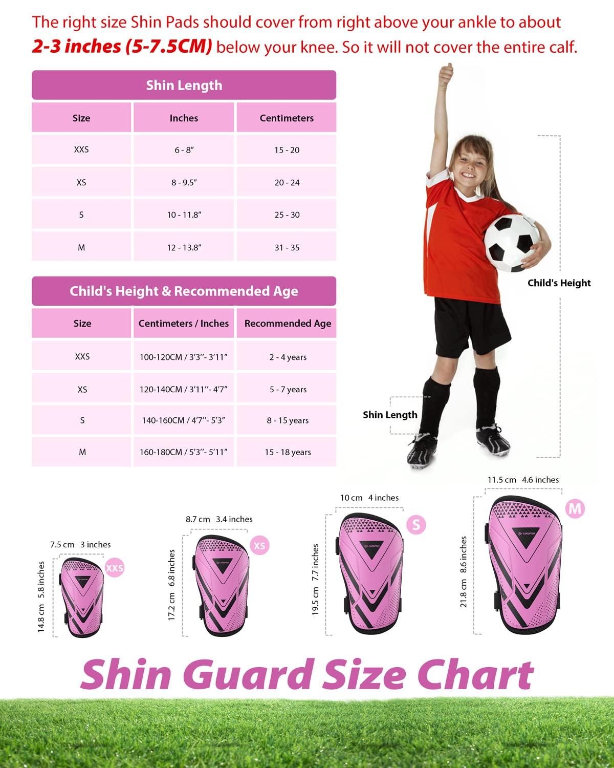 Shin Guards Soccer Kids Youth, CE Certified Airsfish Shin Pads Protection Gear for 2-18 Years Old Boys Girls Teenagers High Impact Resistant Breathable Comfortable 1 Pair 4 Sizes (XX-Small, Pink)