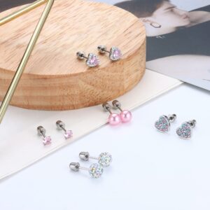 LOLIAS Hypoallergenic Screw back Earrings for Women 316L Surgical Steel CZ ScrewBack Earring 8 Pairs Colorful Heart Butterfly Flower Sensitive Tiny Stud Earrings Set