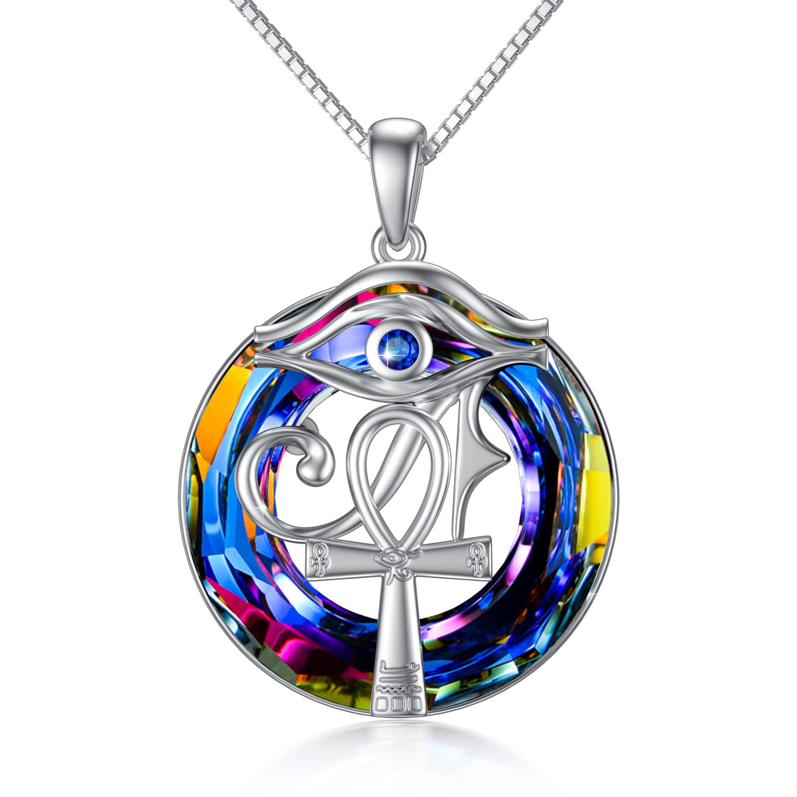 POTOPYY Eye of Horus Necklace Ankh Pendant S925 Sterling Silver Egypt Protection Multicolor Crystal Pendant Coptic Ankh Religious Necklace for Women