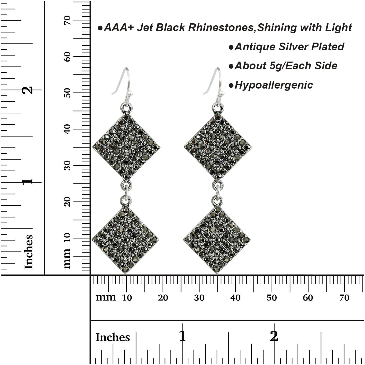 Jet Black Rhinestone Dangle Earrings for Women Silver Plated Sparkling Diamonds Drop Statement Earrings - Hypoallergenic (2 SQUARE)