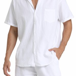 RPOVIG Linen Shirt Short Outfits:Men's Beach 2 Pieces Casual Button-Down Sets