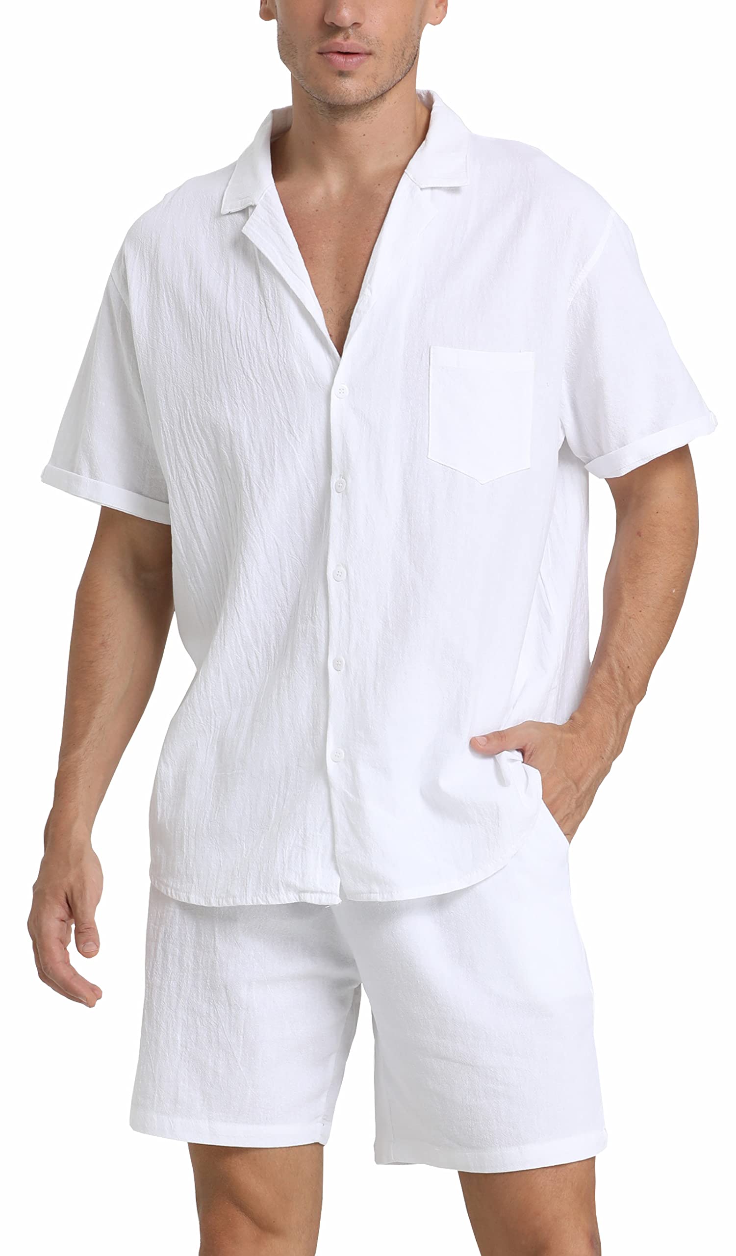 RPOVIG Linen Shirt Short Outfits:Men's Beach 2 Pieces Casual Button-Down Sets