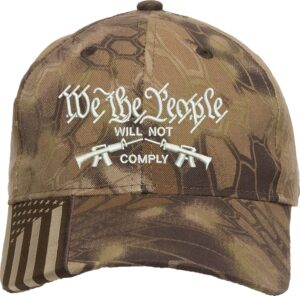 we the people will no comply embroidered structured adjustable one size fits all us flag on bill hat brown camo (browncamo/white)