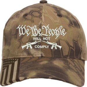 We The People Will no Comply Embroidered Structured Adjustable One Size Fits All US Flag on Bill Hat Brown Camo (BrownCamo/White)