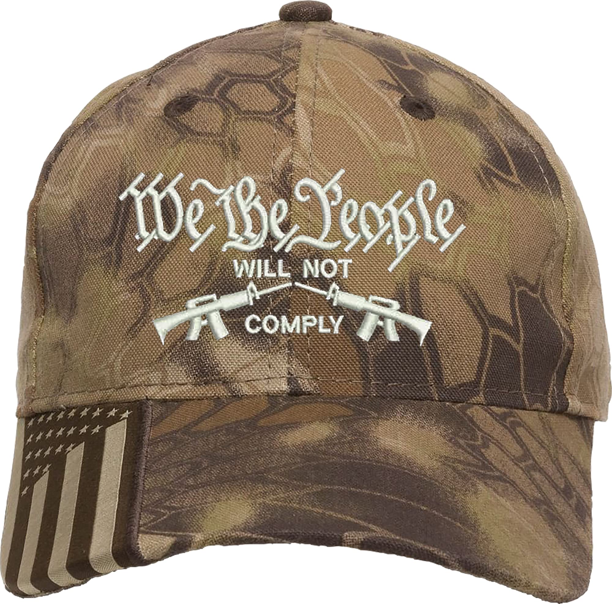 We The People Will no Comply Embroidered Structured Adjustable One Size Fits All US Flag on Bill Hat Brown Camo (BrownCamo/White)