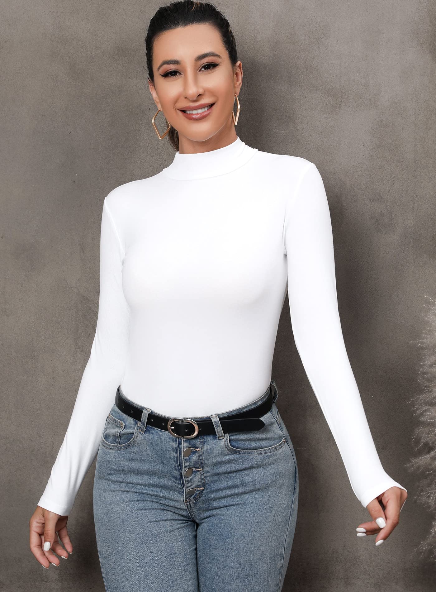 FOUGEDE Women's Mock Turtleneck Long Sleeve/Sleeveless/Half Sleeve/Short Sleeve/Crop Top Basic Fitted Stretch Slim Tops White