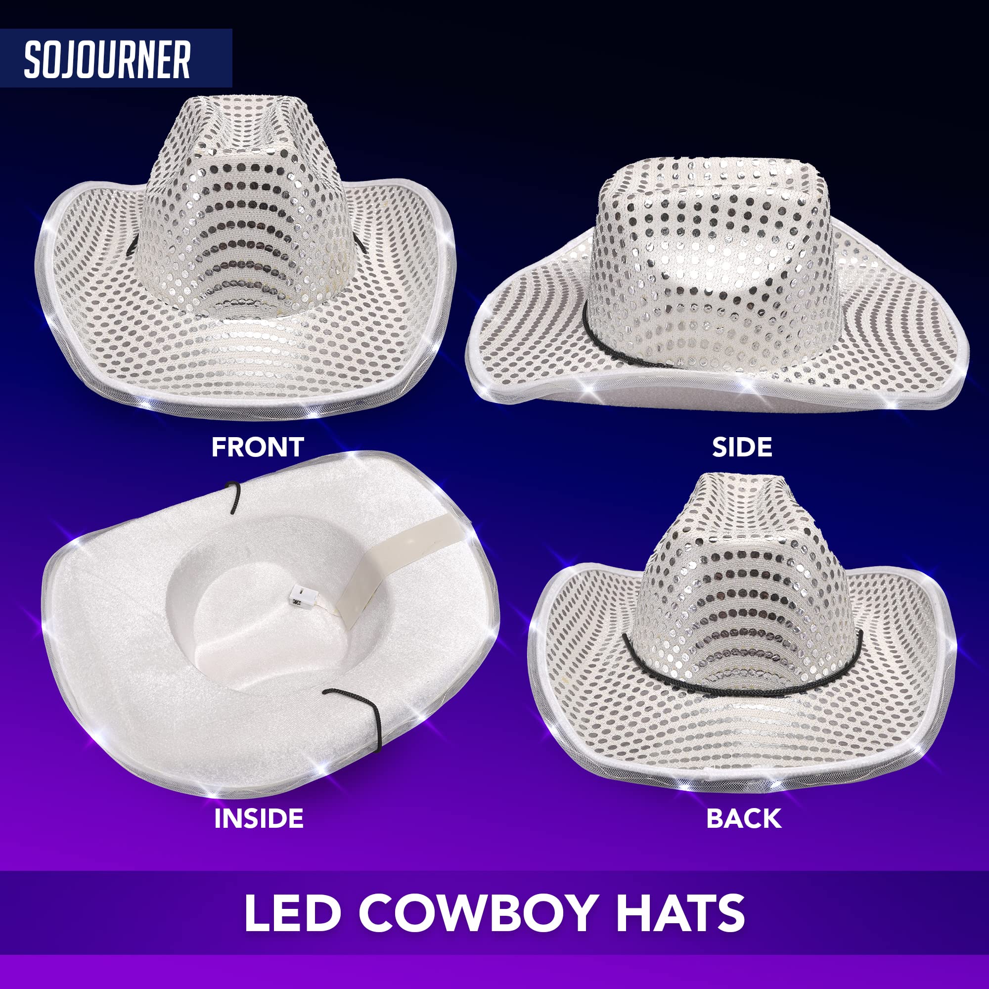 SoJourner Bags Silver LED Sequin Light Up Cowgirl Hat - LED Cowboy Hat for Bachelorette Parties, Halloween and More - Neon Cowboy Hat Light Up for all Occasions