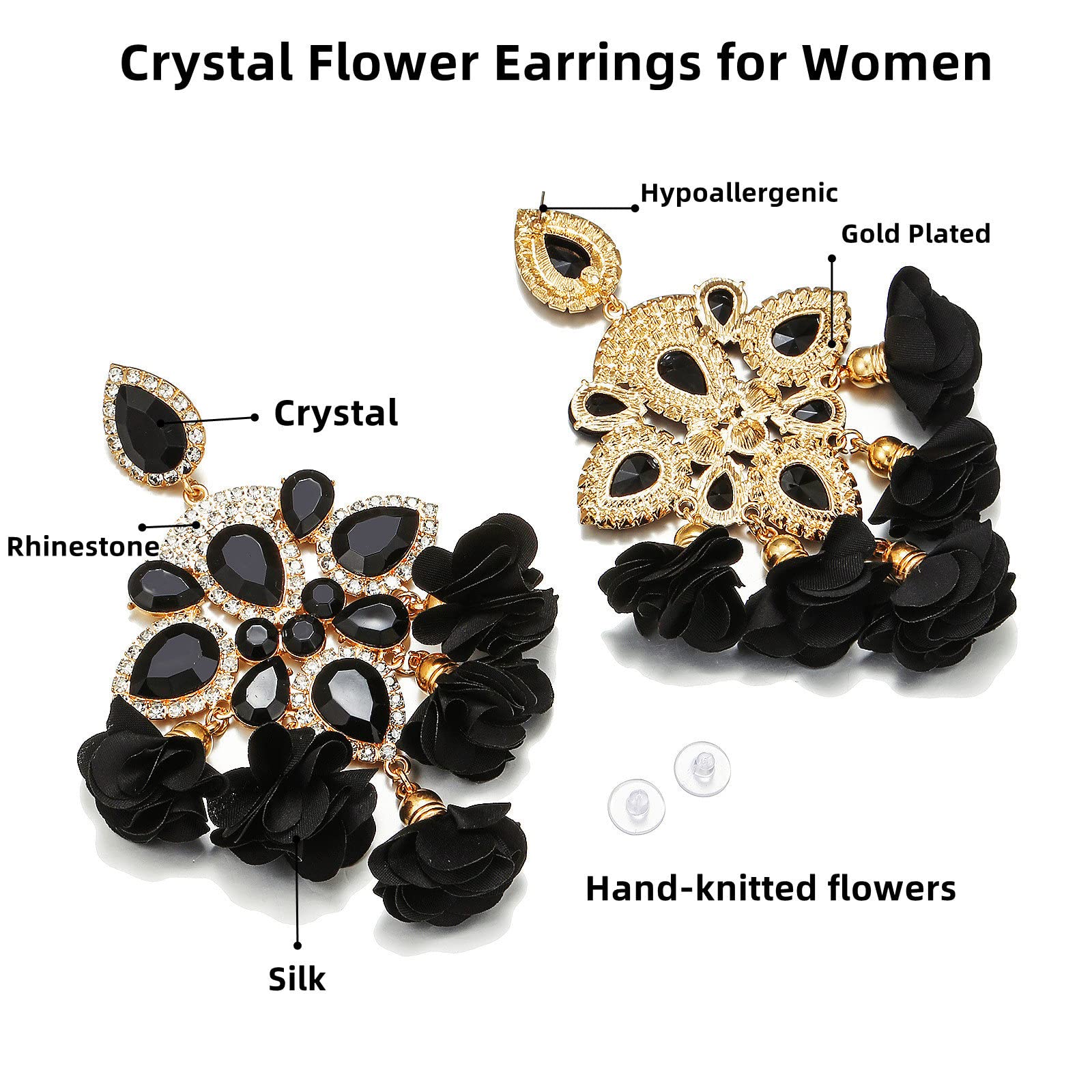 BOBOWINGS Black Earrings for Women, Big Crystal Rhinestones Flower Tassel Dangle Balck and Gold Statement Handmade Earrings Trendy