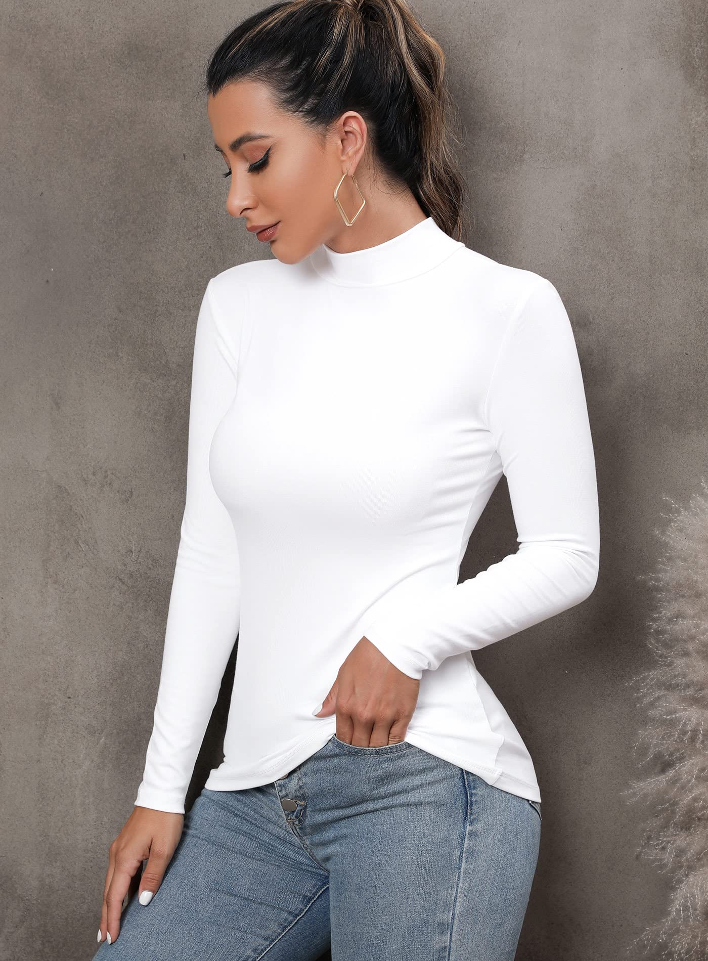 FOUGEDE Women's Mock Turtleneck Long Sleeve/Sleeveless/Half Sleeve/Short Sleeve/Crop Top Basic Fitted Stretch Slim Tops White