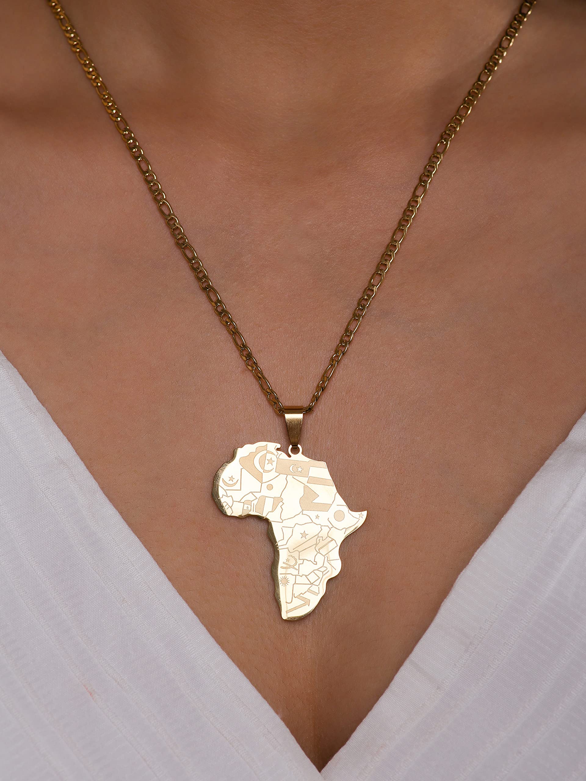 MINACHI Africa Necklace, Vintage Gold Plated Stainless Steel Africa Continent Nations Pendant, African Jewelry Gift for Men and Women