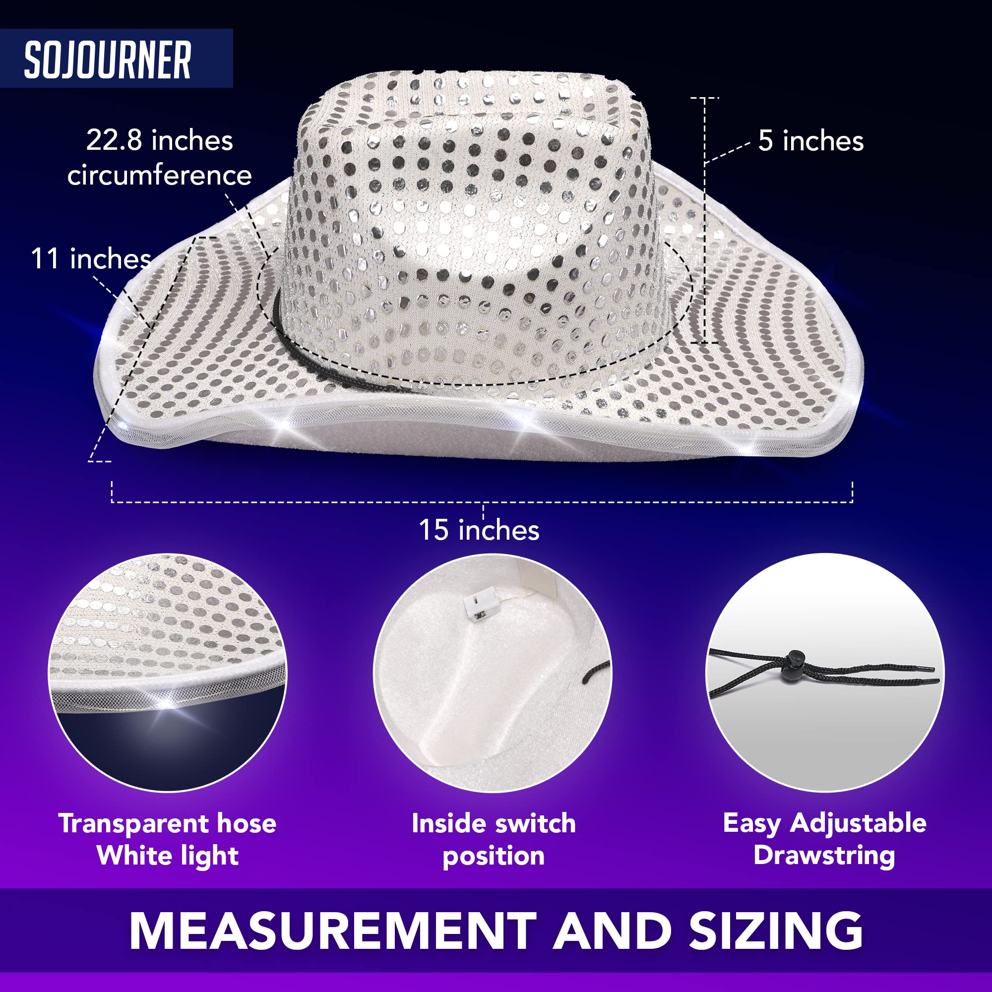 SoJourner Bags Silver LED Sequin Light Up Cowgirl Hat - LED Cowboy Hat for Bachelorette Parties, Halloween and More - Neon Cowboy Hat Light Up for all Occasions