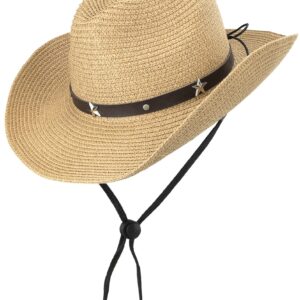 Packable Women's Straw Fedora Western Hat Outback, Beach Cowboy Cowgirl Hat, Beaded Shapeable Brim UV Protection Sun Hat Khaki