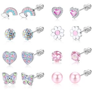 lolias hypoallergenic screw back earrings for women 316l surgical steel cz screwback earring 8 pairs colorful heart butterfly flower sensitive tiny stud earrings set