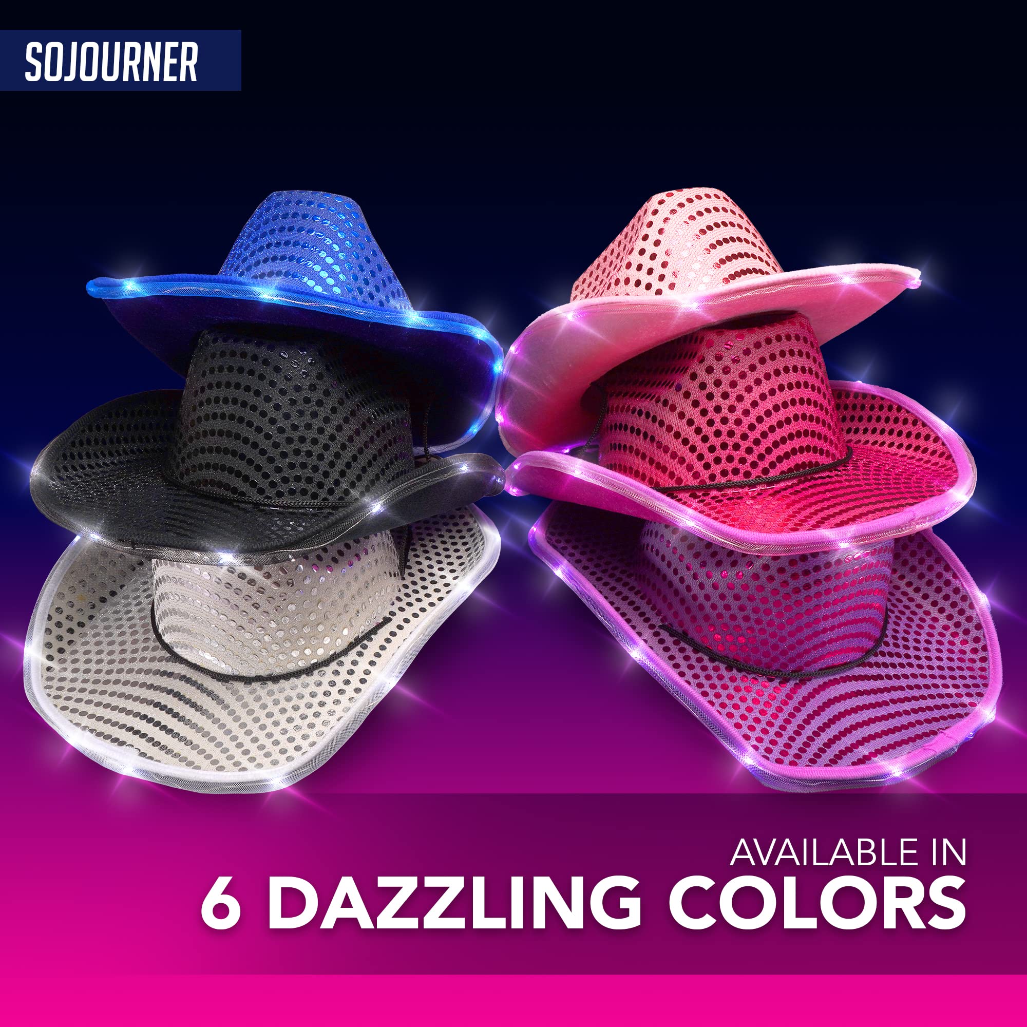 SoJourner Bags Silver LED Sequin Light Up Cowgirl Hat - LED Cowboy Hat for Bachelorette Parties, Halloween and More - Neon Cowboy Hat Light Up for all Occasions