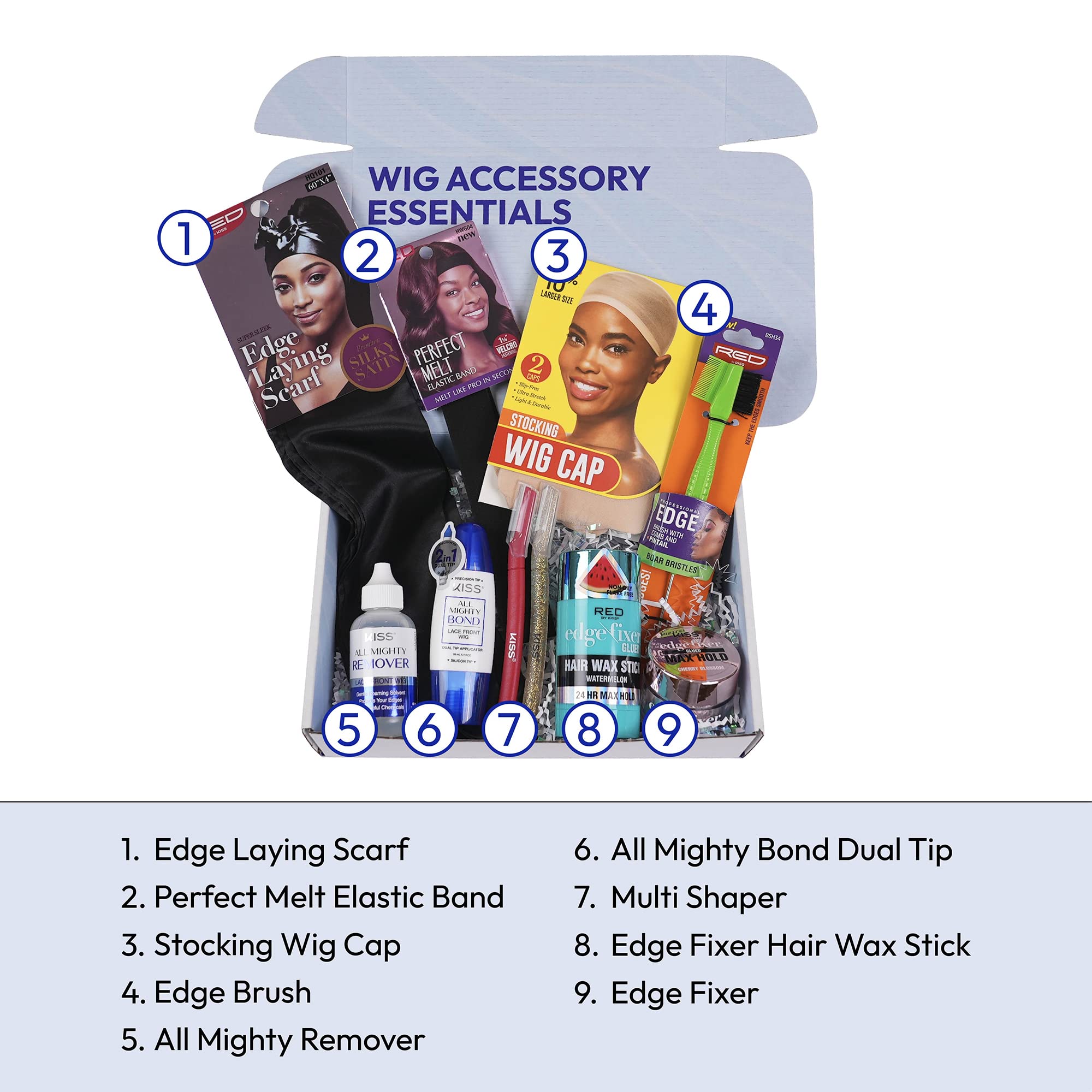 Wig Accessory Essentials Kit Lace Front Dual Tip Adhesive, Remover, Wig Caps, Elastic Band, Edge Fixer, Edge Brush, Hair Shear Tool and Edge Scarf