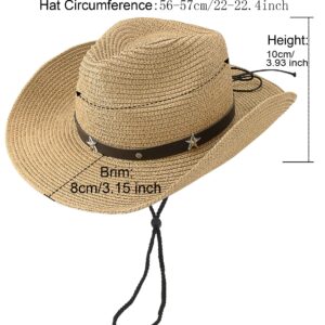 Packable Women's Straw Fedora Western Hat Outback, Beach Cowboy Cowgirl Hat, Beaded Shapeable Brim UV Protection Sun Hat Khaki